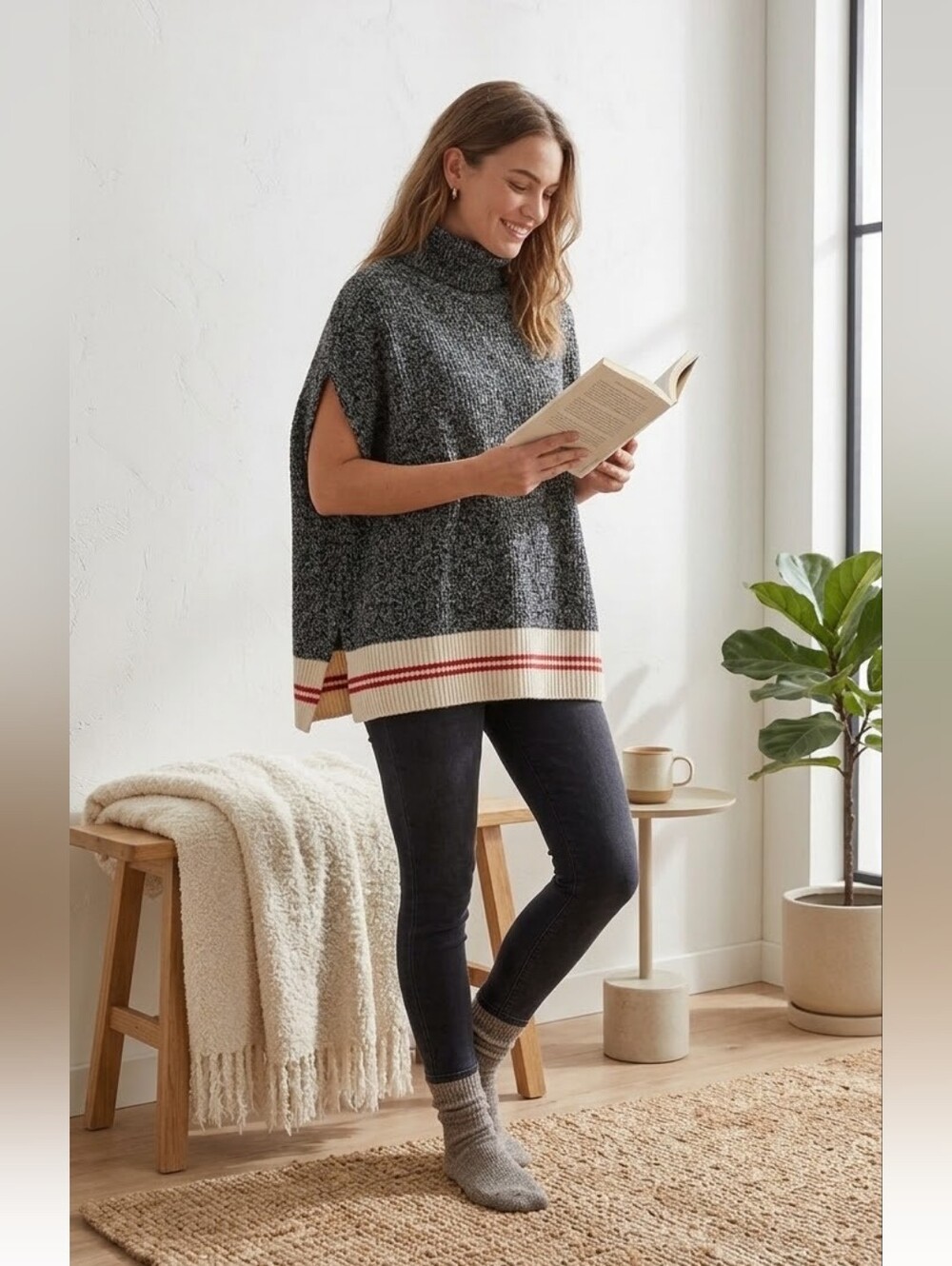 Oversized Cozy Knit Poncho Turtleneck Sweater